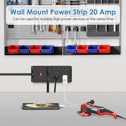 JUNNUJ 20 Amp Power Strip Heavy Duty 2 Pack, Garage 6 Outlets Metal 12 Gauge Surge Protector 3000J, High Amp 5-15P Adapter Shop 6-20R T-Slot Industrial (6AC 2-Pack, 6FT)