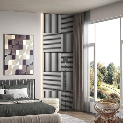 HOMCOM 4 Pack 3D Acoustic Panels, 24" x 24" Soundproof Wood Panels for Wall, Wood Slat Wall Paneling for Interior Ceiling, Office, Home Theater, Studio, Gray
