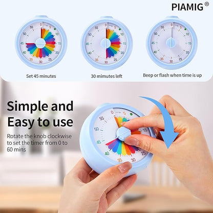 PIAMIG Visual Timer, 60-Minute Countdown Timer for Kids and Adults with Adjustable Volume, Rainbow Design Time Management Tools with Silent Operation, Suitable for Classroom, Office and Home (Blue)