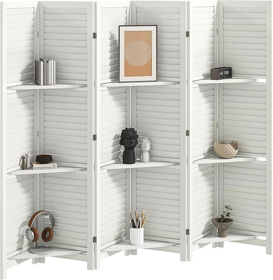 HOMCOM Room Divider, 6 Panel 67" Tall Wood Privacy Screen with 3 Display Shelves, and Folding Storage for Bedroom or Home Office, White