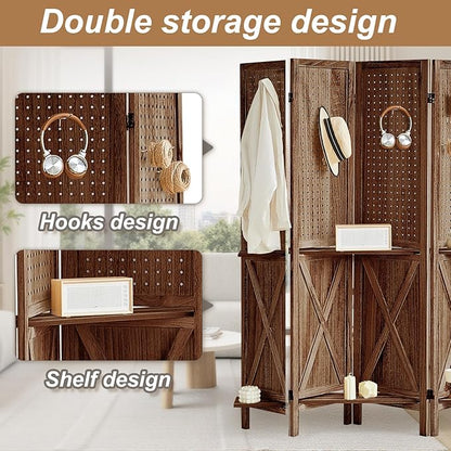 Aleesing 6 Panel Pegboard Display with Shelf, Wooden Pegboard Room Divider Wall with 24 Hooks, Partition Room Dividers and Folding Privacy Screens, Bedroom, Jewelry Store, Brown
