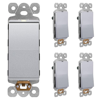 LIDER Minimalist Design Matte Finish Lighted Decorator Switch, Frameless Paddle Light Switch with Locator Light, Grounding Screw, 15A 125V, UL Listed, LS15-1P-SV5P, Silver, 5 Pack