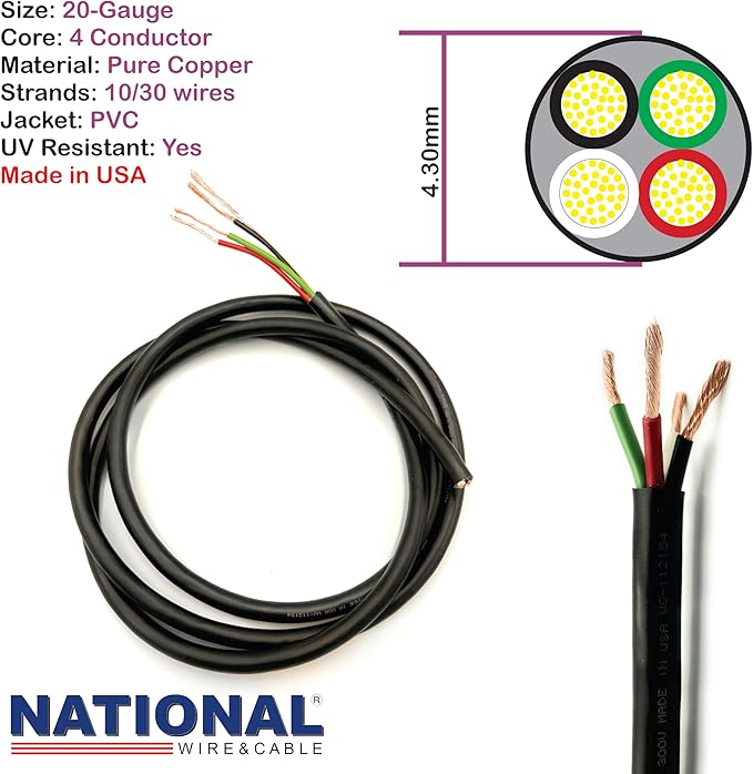 NATIONAL Wire & Cable – 20 AWG 4-Conductor Premium Copper Wire, 250 ft, Stranded | Made in USA, Flexible Jacket | Electronics, Controls, DIY Wiring, Indoor and Outdoor Use