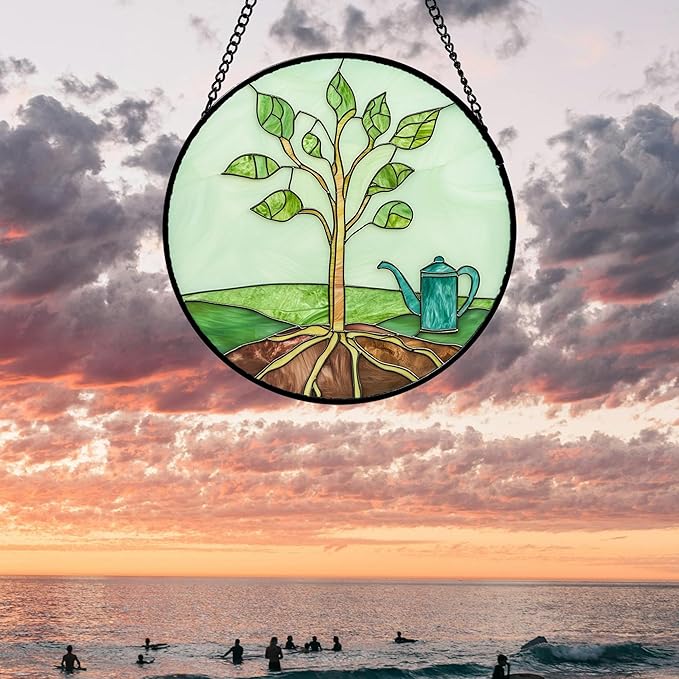 AMDERVEN Stained Glass Window Hanging 4 Pcs Set Pink Green Spring Saplings Flowers 6.3" - Suncatcher Door Garden Sun Catcher Home Decor Mother's Day for Woman Nana Mom Men
