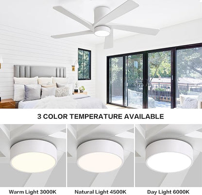 WINGBO 54 Inch Flush Mount DC Ceiling Fan with Lights and Remote, 5 Reversible Carved Wood Blades, 6-Speed Noiseless DC Motor, Hugger Ceiling Fans in White Finish, Low Profile Ceiling Fan, ETL Listed