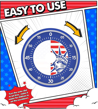 Rosenpatio Visual Timer for America Flag - Timers for Classroom Teachers 60 Minutes Countdown Home School Study Tool, Non-Ticking Rotating Timer for Exam Work Kitchen Office Gym, 1 Pack