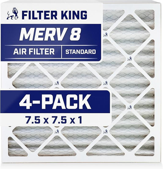 Filter King 7.5x7.5x1 Air Filter | 4-PACK | MERV 8 HVAC Pleated A/C Furnace Filters | MADE IN USA | Actual Size: 7.5 x 7.5 x .75"