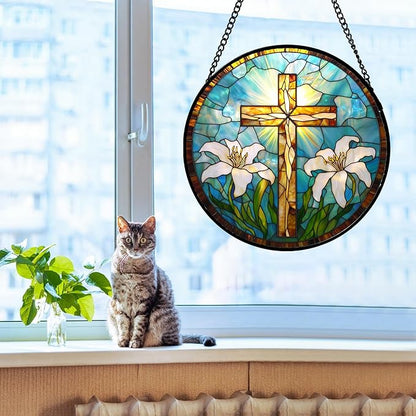 DASTOLL Christian Gifts for Women - Cross Stained Glass Window Hanging Jesus Easter White Lily Flower Sun Catcher Garden Religion Decor Mother's Day Catholic Gift for Men Grandma Mom Her Nana 9.8"