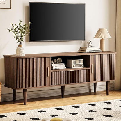 DAMCROP Fluted TV Stand, 55 Inch Mid Century Modern Media Console Table with Sliding Tambour Door Farmhouse Sideboard Buffet Cabinet Fits TVs up to 75 inch, Wood Entertainment Center for Living Room
