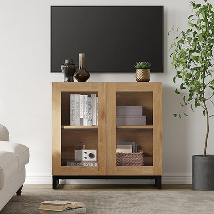 WAMPAT Modern TV Stand with Glass Doors for 32-40 inch TVs, Entertainment Center Console with Adjustable Shelves for Living Room, Bedroom, Oak