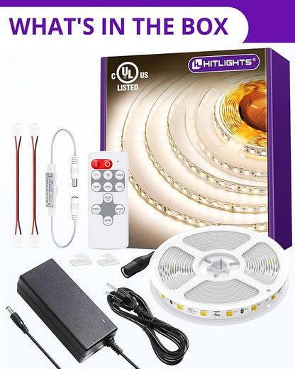 HitLights White LED Strip Lights Kit with Remote & 12V Power Supply, 16.4ft High Density Dimmable Tape Light 4000K, 600 LEDs, 300Lm/ft, UL Listed, Flexible Rope Lights for Bedroom, Kitchen, Cabinet