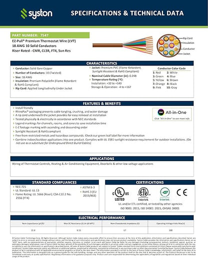 Syston 18/10 Thermostat Doorbell HVAC Heating Control Cable Wire, 18 AWG 10 Conductors 100% Solid Copper Conductors CL3R/FT4/CMR Riser-Rated, UV Resistant RoHS for Low Voltage Applications Use