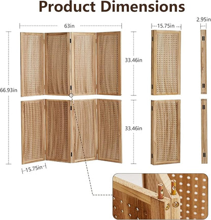 Leesinwing 4 Panel Wooden Room Dividers, 5.6FT High Plug-in Folding Screen Made of Natural Wood, Pegboard Display for Bedroom and Shopping Malls and Jewelry Stores, Light Brown