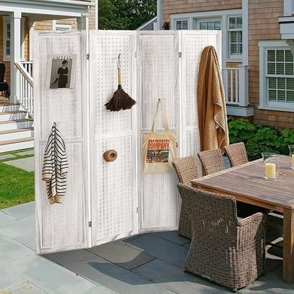 Asnefeli Pegboard Display Room Divider with 16 Hooks, 4 Panel 5.6Ft Wood Room Divider Folding Privacy Screen, Portable Freestanding Wall Organizer for Retail Craft Art Display Board, White