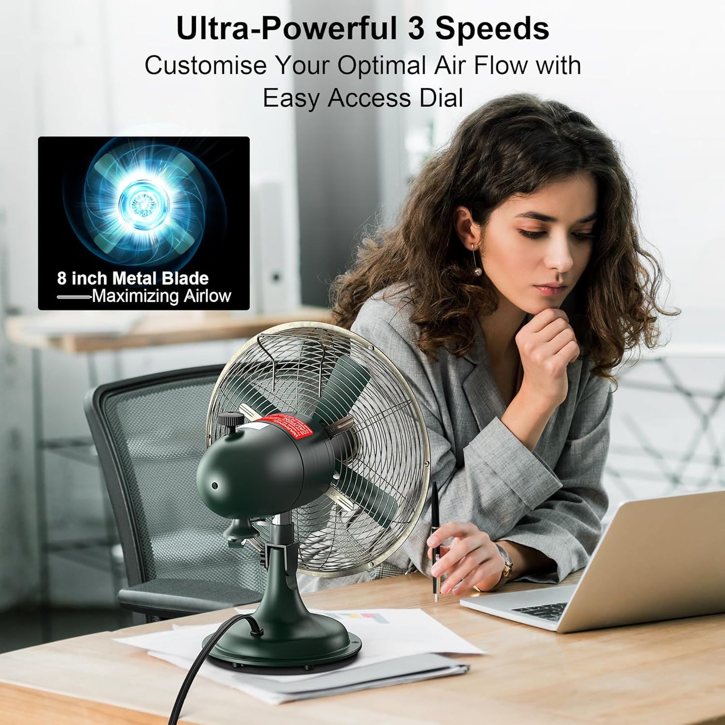 AMACOOL Oscillating Vintage Fan, All Metal Retro Table Top Fan, Adjustable Head Tilt, Quiet 3 Speeds Plug-In Desk Fan for Bedroom Home Office & Kitchen