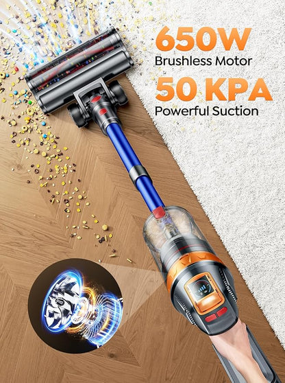 Cordless Vacuum Cleaner, 650W with Extra Mattress Cleaning Tool, 50KPA Stick Vacuum Cleaners for Home 65 Mins Runtime, Self-Standing, Wall Mount Charging, Rechargeable Vacuum for Floor Carpet Pet Hair