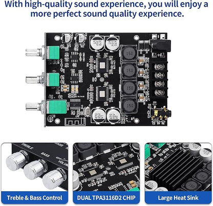 ARRAROWN ZK-1002T PRO 2.0 Channel Bluetooth 5.0 Amplifier Board 200W HiFi Subwoofer Audio AMP with Treble and Bass, BT USB and AUX Inputs, DC 12-24V 2.0 Channel Stereo AMP Module for DIY Speakers