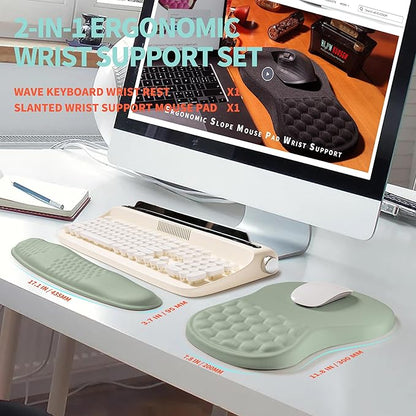 KUOSGM 2-in-1 Ergonomic Set, Wave Rise Keyboard Wrist Rest and Massage Bulge Slope Mouse Pad Wrist Support, Cushion Memory Foam Integrated to Relieve Wrist Pain, Light Green