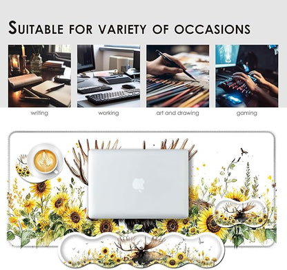 BFUKVOU Large Keyboard Mouse Pad Set, Extended Mouse Pad+Keyboard Wrist Rest Support, Memory Foam Ergonomic Easy Typing, 4Pcs (31.5×11.8 in) Desk Pad Set for Office Home,Deer and Sunflowers