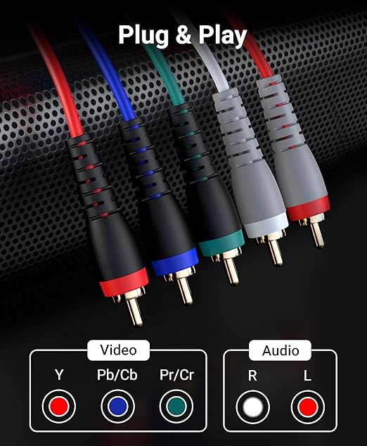 BlueRigger Component Video Cable with Audio (3FT, RCA- 5 Cable, Supports 1080i) - Compatible with DVD Players, VCR, Camcorder, Projector