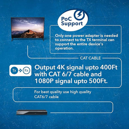 OREI 1x4 HDMI Extender Splitter HDBaseT 4K, Multiple Over Single Cable CAT6/7 4K@60Hz 4:4:4 HDCP 2.2 With IR Remote EDID Management, HDR - Up to 400 Ft - Loop Out - Low Latency - Full Support