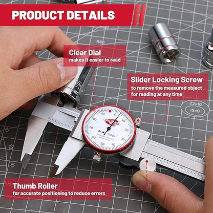 Standard Gage 0-6" Range SAE Dial Caliper Measuring Tool, Analog Precision Micrometer Caliper ±0.001" Accuracy, Manual Mechanical Metal Stainless Steel Measuring Dial with 4-Way Measurements