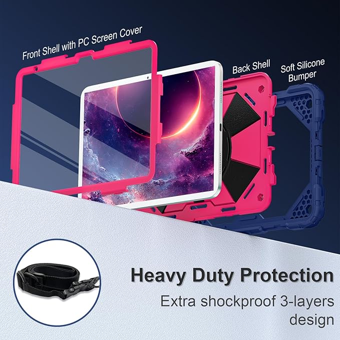 Case for iPad (A16) 11th Generation 11 Inch (2025) / iPad 10th Generation Case 10.9 Inch (2022) with 360° Rotating Stand Screen Protector Pen Holder Shoulder Strap, Navy Pink