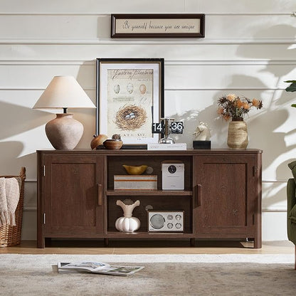 Joaxswe Farmhouse 55" Entertainment Center, Dark Walnut Tv Stand with Adjustable Shelves & 2 Door Storage,Wood Media Console Cabinet for TVs Up to 65 inches, Rustic Tv Stands for Living Room,Bedroom