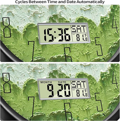 SCOAGE Modern Wall Clock with Temperature Green Forest Large Display Non-Ticking Battery Operated Clock with Date and Week for Kitchen Bedroom Living Room Farmhouse Decor 14 Inch