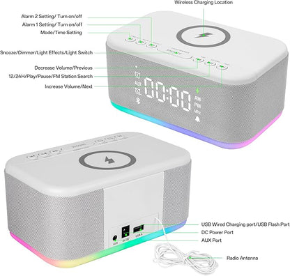 Bluetooth Alarm Clock Radio Bedroom, Digital Dual Alarm Clock Bedroom, Up to 10 Alarms Clock Night Light Speaker App/Button Control FM Charge Snooze Adjustable Brightness Dim 12/24H, Grey