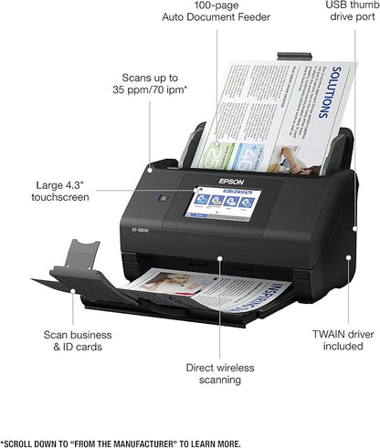 Epson Workforce ES-580W Wireless Color Duplex Desktop Document Scanner for PC and Mac with 100-sheet Auto Document Feeder (ADF) and Intuitive 4.3" Touchscreen. Full 1-Year Limited Warranty (Renewed)