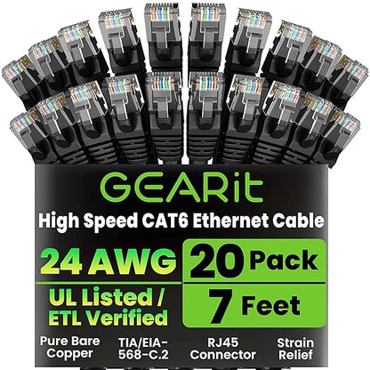 GEARit Cat 6 Ethernet Cable Pack - 20-Pack 7 ft Cat6 Ethernet Patch Cables | RJ45 Network Patch Cable, 10 Gbps Snagless Gold-Plated Connectors - Ethernet Cable Cat 6 for PC, TV, Router - Black
