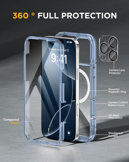 Miracase Magnetic for iPhone 16 Pro Case Full-Body Phone with Built-in Glass Screen Protector, [Compatible with MagSafe] Military Drop Proof 16 Pro Cover Bumper 6.3 inch, Clear Blue