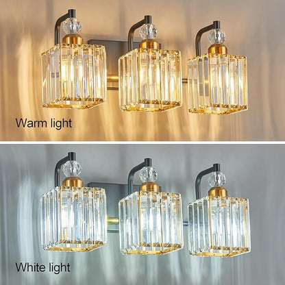 BBLLWJ Bathroom Vanity Lights 3-Light Bathroom Light Gold Brushed Brass Finish Crystal Vanity Light Fixtures Modern Black and Gold Bathroom Light Fixtures Over Mirror