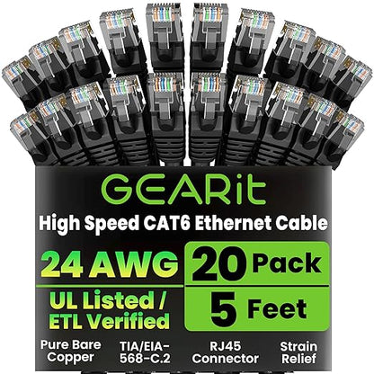 GEARit Cat 6 Ethernet Cable Pack - 20-Pack 5 ft Cat6 Ethernet Patch Cables | RJ45 Network Patch Cable, 10 Gbps Snagless Gold-Plated Connectors - Ethernet Cable Cat 6 for PC, TV, Router - Black