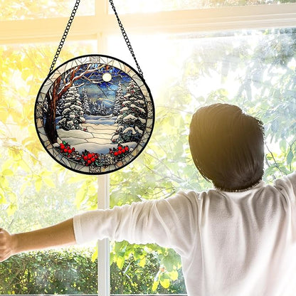 DASTOLL Stained Glass Window Hanging Christmas Tree Winter Snow Night Scenery 7.8" - Suncatcher Door Garden Kitchen Sun Catcher Home Decor Birthday for Mom Men Woman Friend