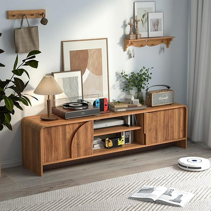 BERRYMERRY 63'' TV Stand for Up to 75" TVs,MCM TV Console Table with Big Arched Handle,Television Stands Entertainment Media Center with Sliding Door for Living Room Bedroom (Walnut)