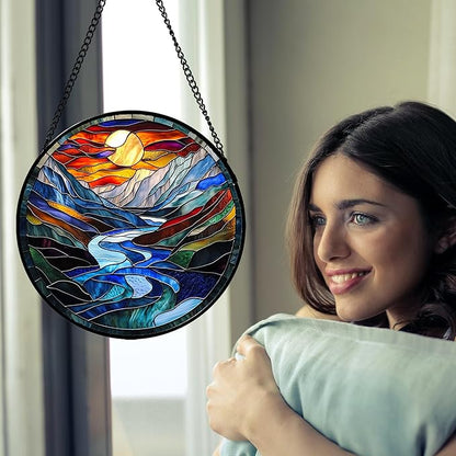 AMDERVEN Stained Glass Window Hanging, Canyon Mountains Sunset View Sun Catcher for Window Home Decor Landscape Suncatcher Mother's Day Birthday Gifts for Women Men Mom and Nana 15 in