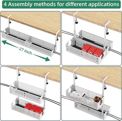 Multi-Model Under Desk Cable Management 2 Pack Metal Under Desk Wire Management Tray Clamp Mount Under Table Cord Management No Damage The Desk White
