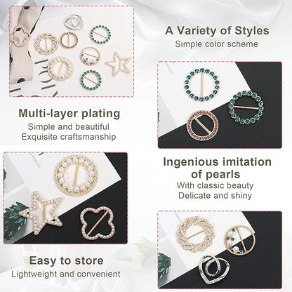 T-Shirt Clips 9 PCS, Clothes Corner Knotted Button, Fashion Alloy Pearl Rhinestone Circle Clip Buckle Round Shirt Silk Scarf