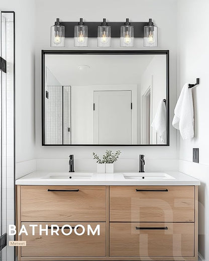 METWET 5-Light Bathroom Light Fixtures, 30 Inch Black Vanity Light with Cylinder Clear Glass Shade, Modern Vanity Lighting Fixtures Over Mirror, VL143-MB-5