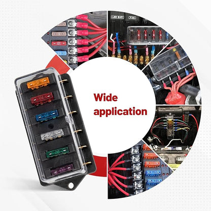 RED WOLF 6 Way Fuse Block Blade Fuse Box with Standard Circuit Fuses for Boat Marine Vehicle Auto RV Car Trailer Truck SUV Power Distribution Panel Waterproof Cover DC 10-32V