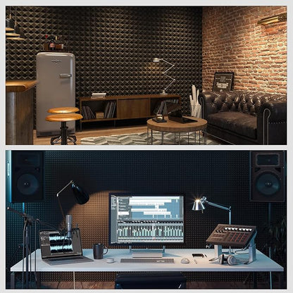 JBER 24Pack Pyramid sound proof foam panels, 2" X 12" X 12" Self-Adhesive Acoustic Wall Paddings for Home Office Studios (Black)