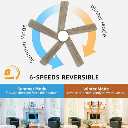 WINGBO 48 Inch DC Ceiling Fan with Lights and Remote Control, 5 Carved Solid Wood Blades, 6-Speed Noiseless Reversible DC Motor, Indoor Ceiling Fan in Graphite Finish with Gray Blades