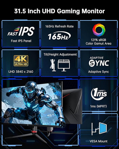 KTC 32 Inch 4K Gaming Monitor, 165Hz UHD (3840x2160P) Fast IPS Screen, 1ms (MPRT), Adaptive Sync, 3000:1 Contrast,121% sRGB,HDMI 2.1 Display Port 1.4, Tilt/Height Adjustment, VESA Mount, H32P22P