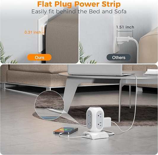 TESSAN Surge Protector Power Strip Tower, Flat Plug Extension Cord 10 Ft with 8 AC Multiple Outlets 4 USB Ports (1 USB C), 1050J Protection Desk Charging Station for Home, Office Supplies, Dorm Room