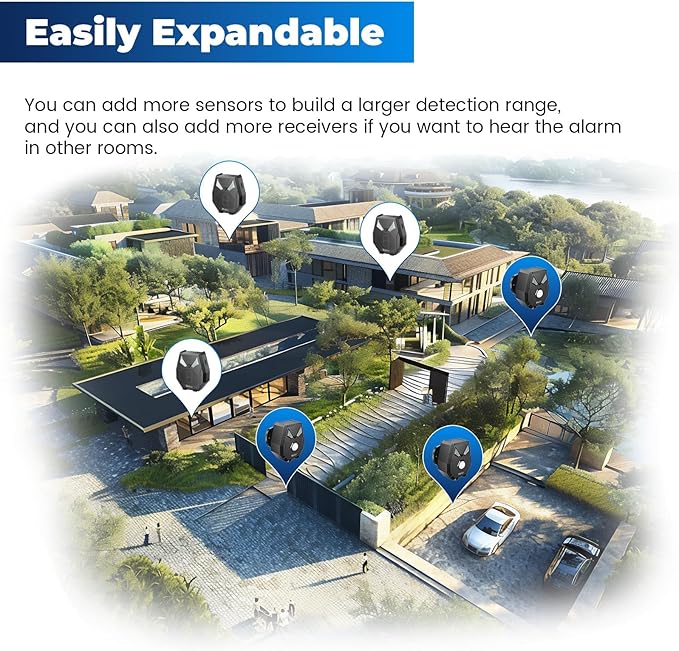 Solar Wireless Driveway Alarm, Outdoor Motion Sensor Detector Alarms Driveway Alert System 2000ft Long Range with Rechargeable Battery, Outside Weatherproof/Expandable (1 Receiver and 2 sensors)