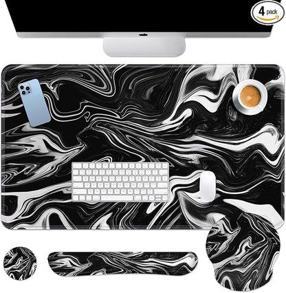 Britimes Black White Marble Keyboard Mouse Pad Set 4in1 Large Mousepad+Keyboard Wrist Rest+Mouse Wrist Rest+Coaster Ergonomic Design for Home Office Computer 35.4x15.7 inches