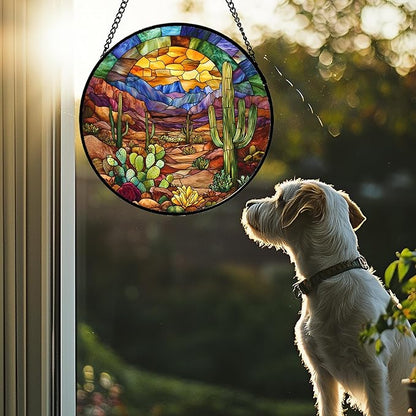 CRISGIF Stained Glass Window Hanging Cactus Mountains Landscape 9.8" - Suncatcher Door Garden Sunroom Sun Catcher Home Decor Birthday Christmas for Mom Men Woman Nana