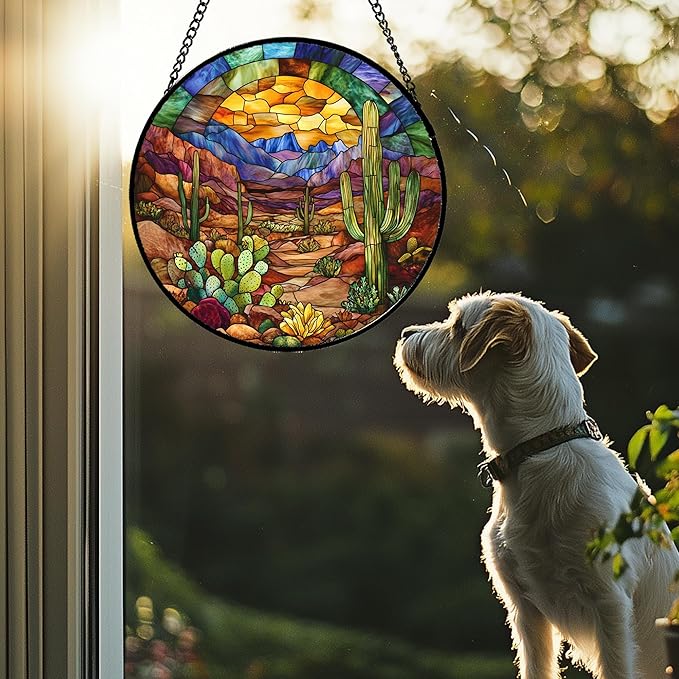 CRISGIF Stained Glass Window Hanging Cactus Mountains Landscape 6.3" - Suncatcher Door Garden Sunroom Sun Catcher Home Decor Birthday Christmas for Mom Men Woman Nana